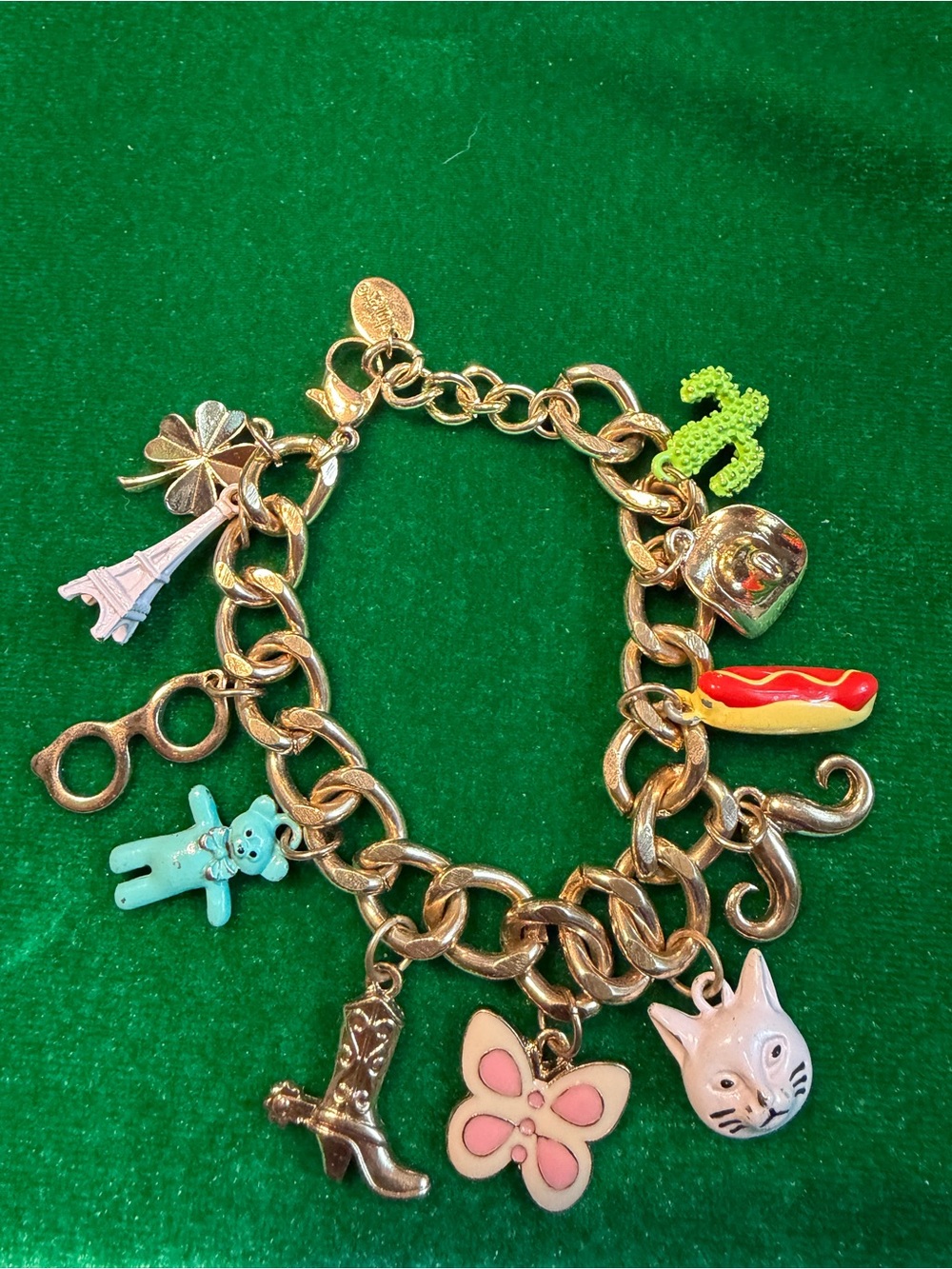 Gold-Tone Multi-Charm Bracelet with Pink Butterfly and Blue Bear Charms Cowgirl